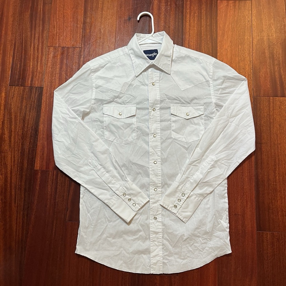 Wrangler Shirt Mens Small Solid White Western Pearl Snap Long Sleeve Casual EUC